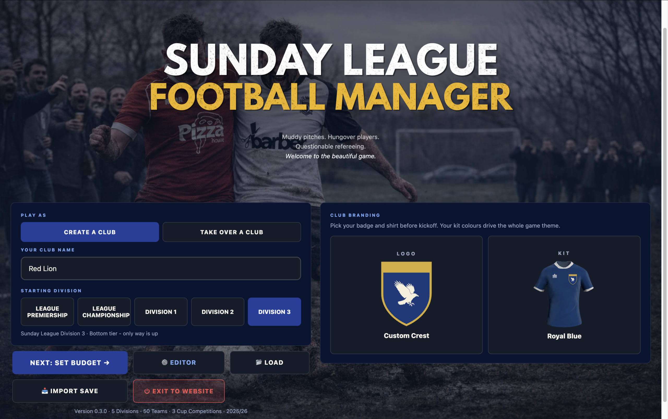 Sunday League Football Manager — new club setup screen with division select and club branding options